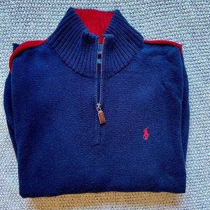Polo by Ralph Lauren Vintage Navy and Red Men's Quarter Zip Knit Sweater